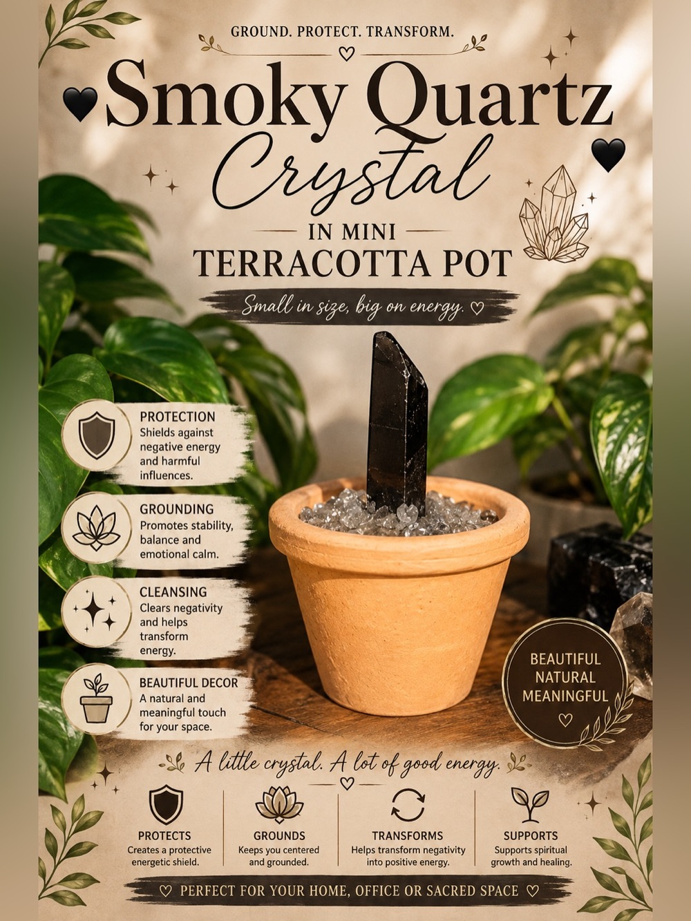 🖤Smoky Quartz Crystal in Mini Terracotta Pot🖤
